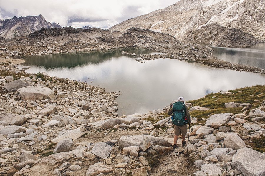 Person hiking in rocks
