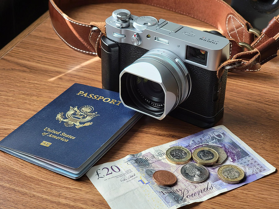 Camera, passport and money