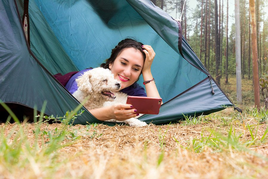 Woman camping with her dog