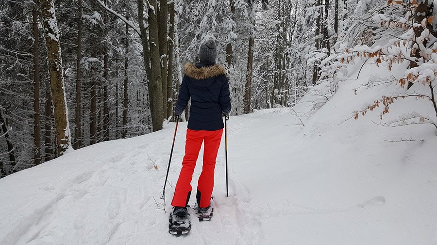 Snowshoeing in snowy forest