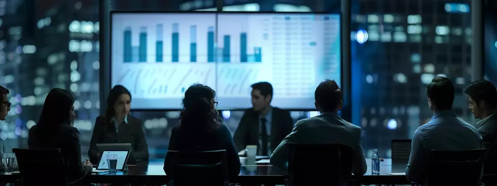 A team of professionals gathered around a table in a conference room, analyzing data on a large monitor displaying charts and metrics to align their business goals