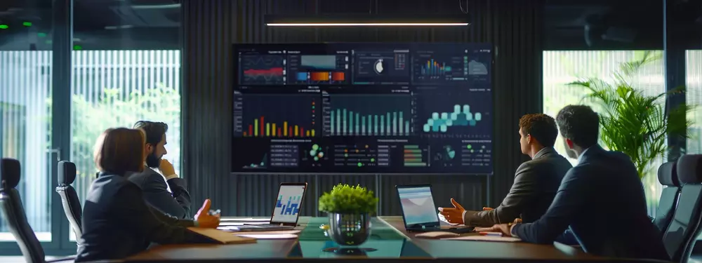 A team of professionals gathered around a table in a conference room, analyzing data on a large monitor displaying charts, graphs, and metrics while discussing project financials